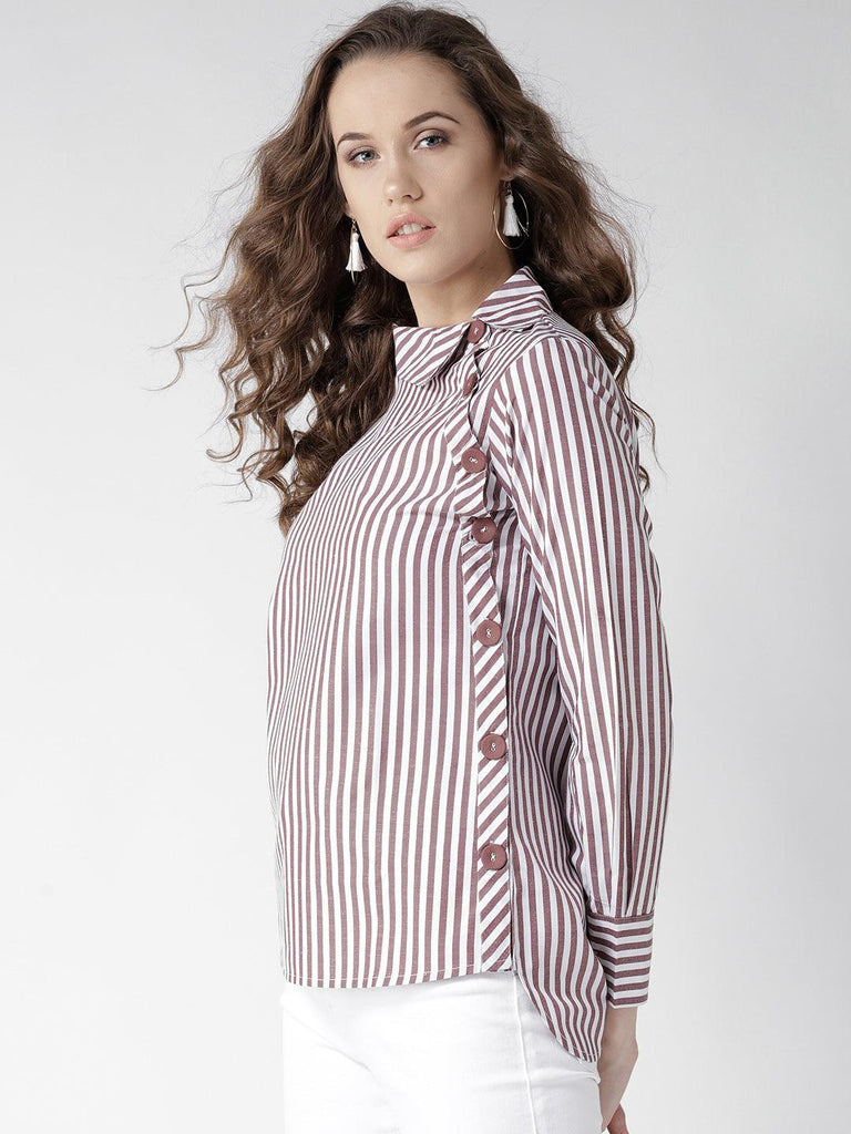 Women White & Brown Striped Shirt Style Top-Tops-StyleQuotient