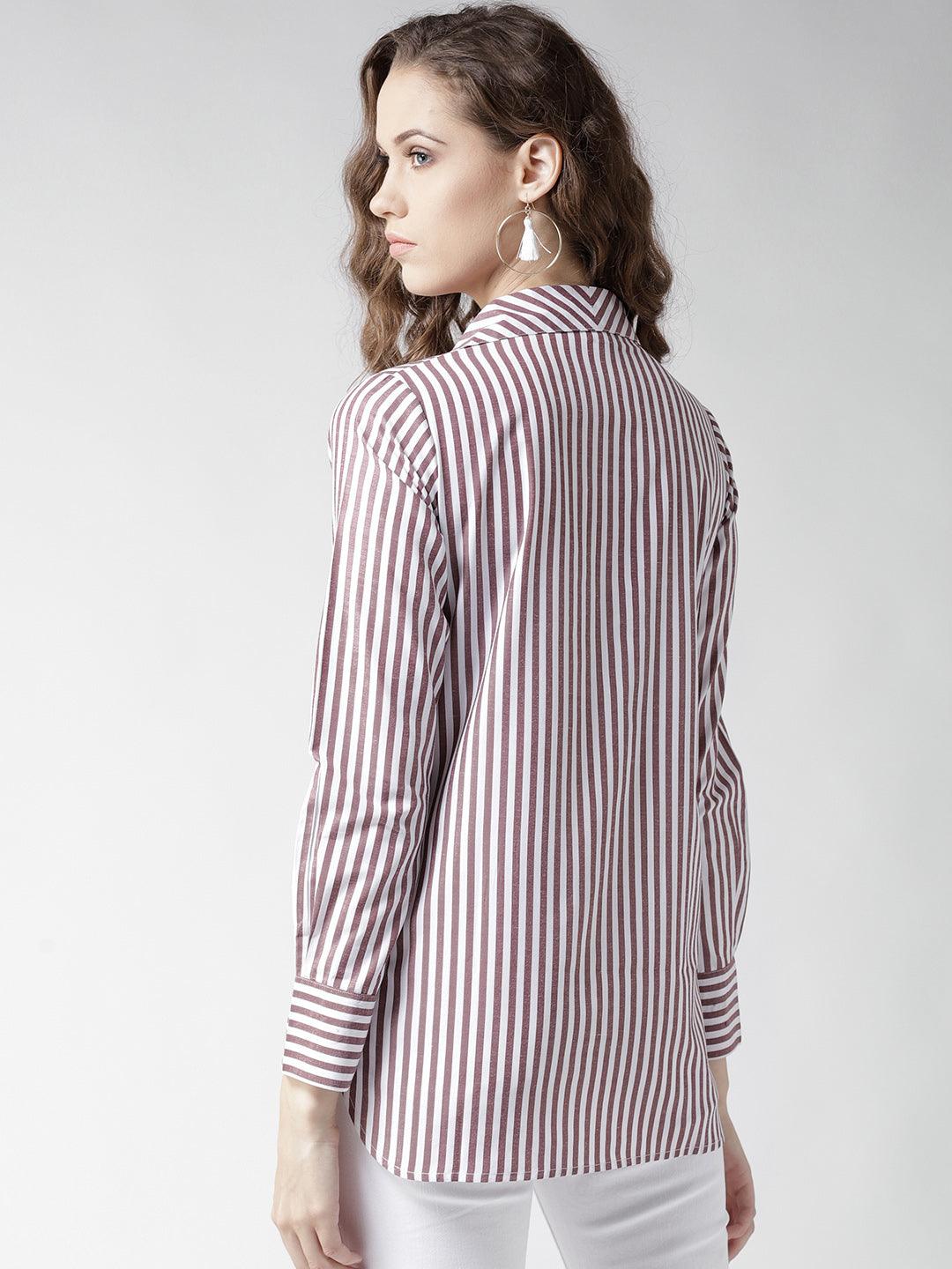 Women White & Brown Striped Shirt Style Top-Tops-StyleQuotient