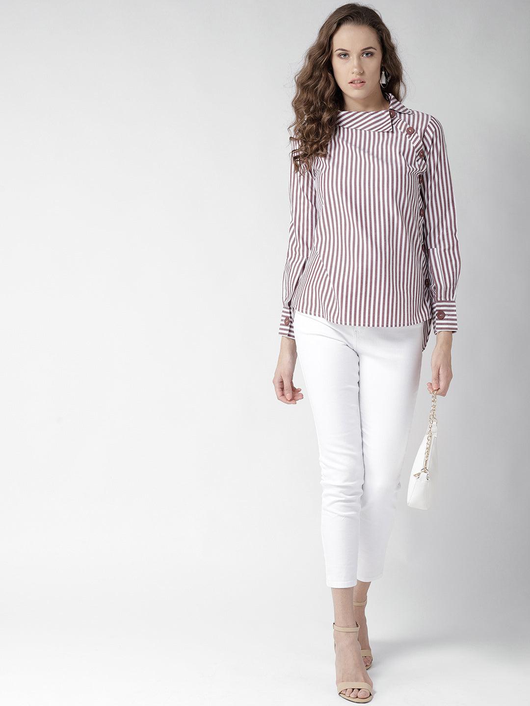 Women White & Brown Striped Shirt Style Top-Tops-StyleQuotient