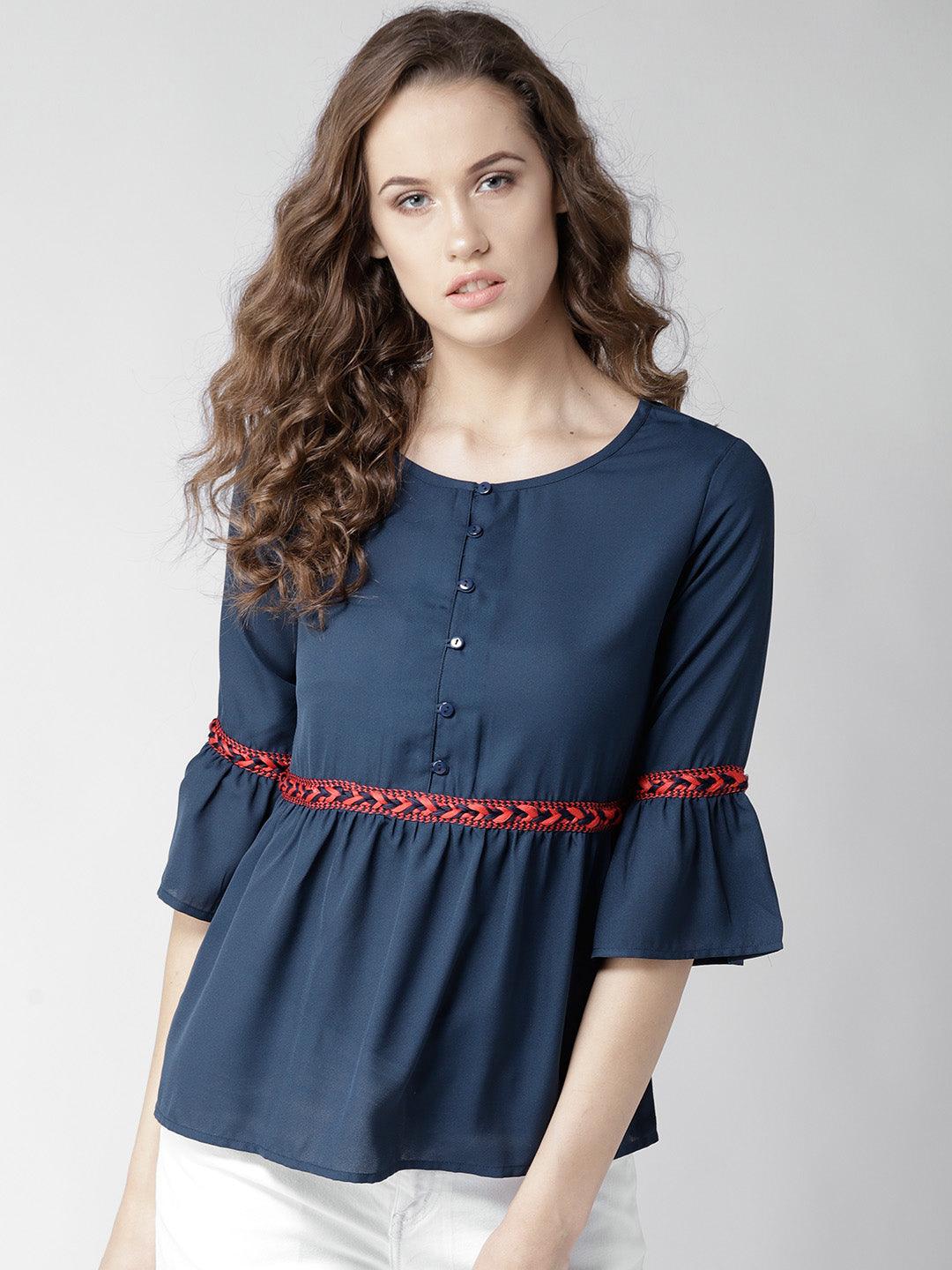 Women Navy Blue Solid A-Line Top-Tops-StyleQuotient