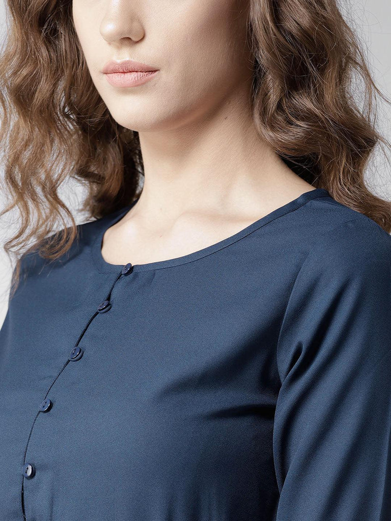 Women Navy Blue Solid A-Line Top-Tops-StyleQuotient