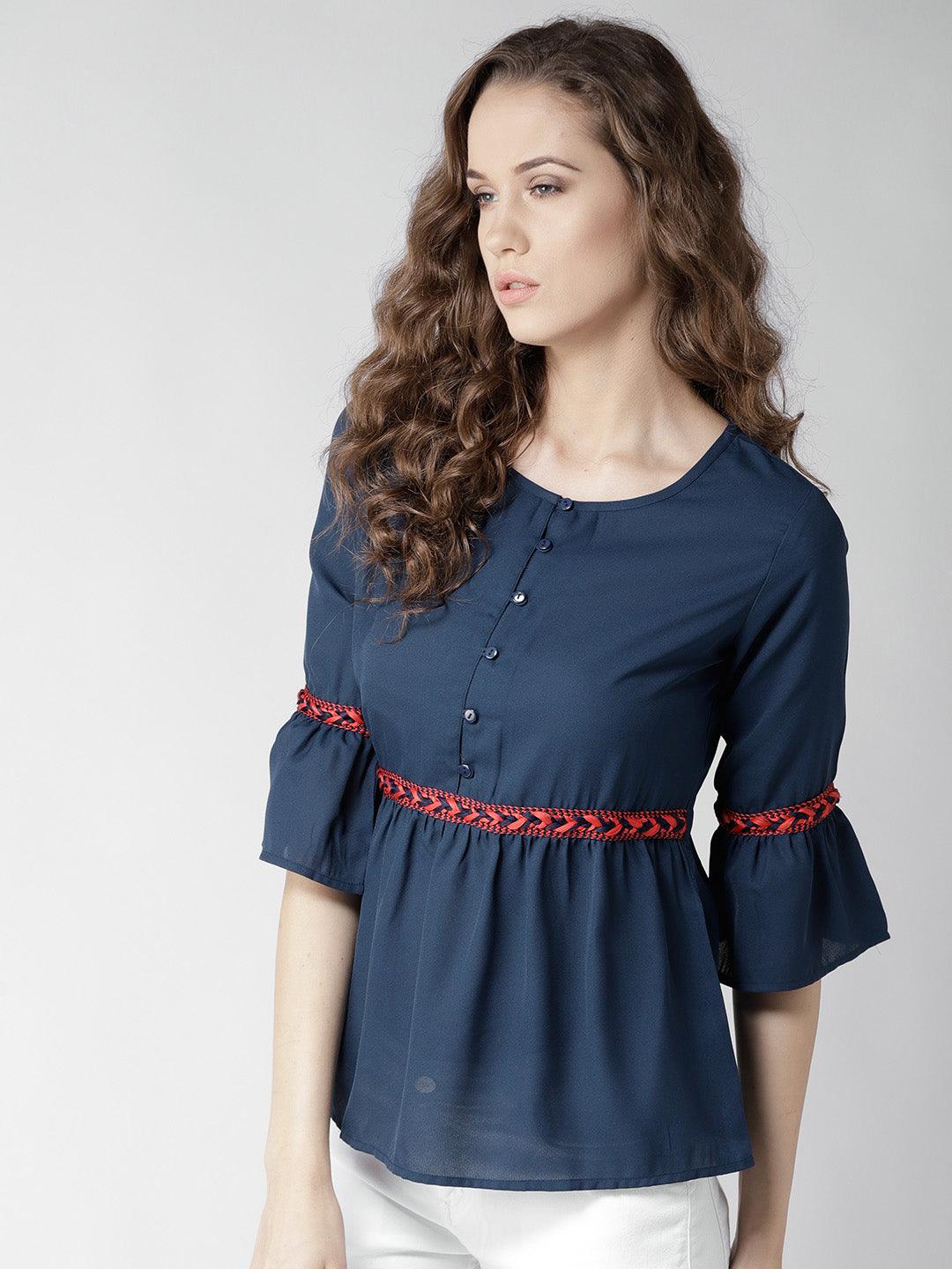 Women Navy Blue Solid A-Line Top-Tops-StyleQuotient