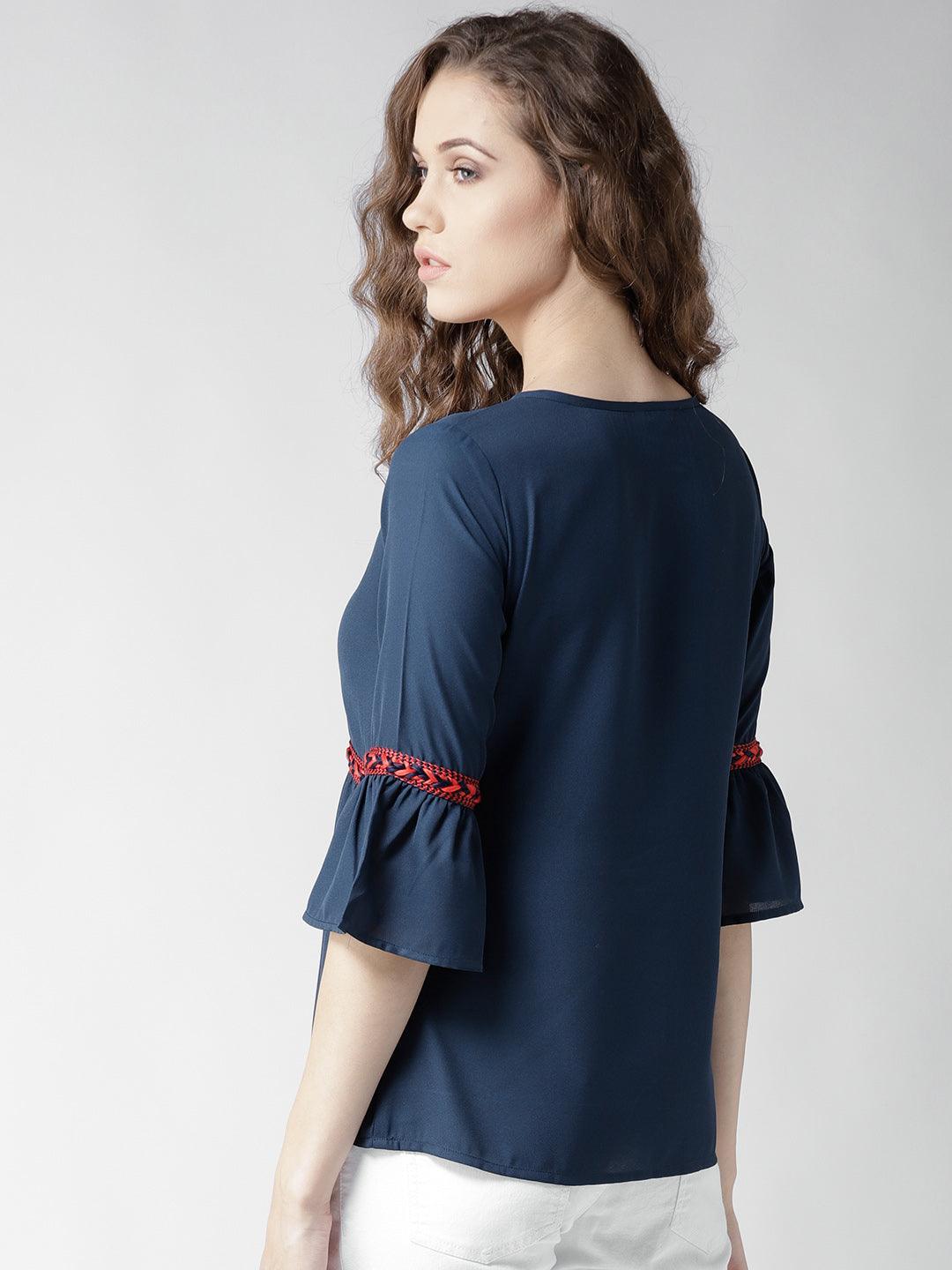 Women Navy Blue Solid A-Line Top-Tops-StyleQuotient