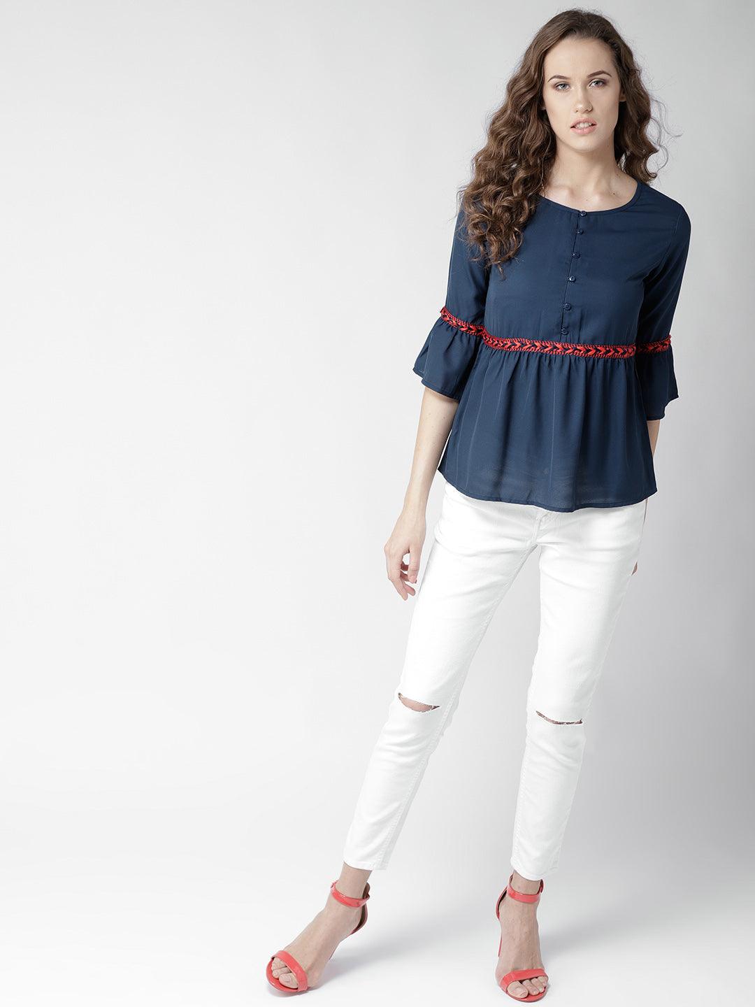 Women Navy Blue Solid A-Line Top-Tops-StyleQuotient