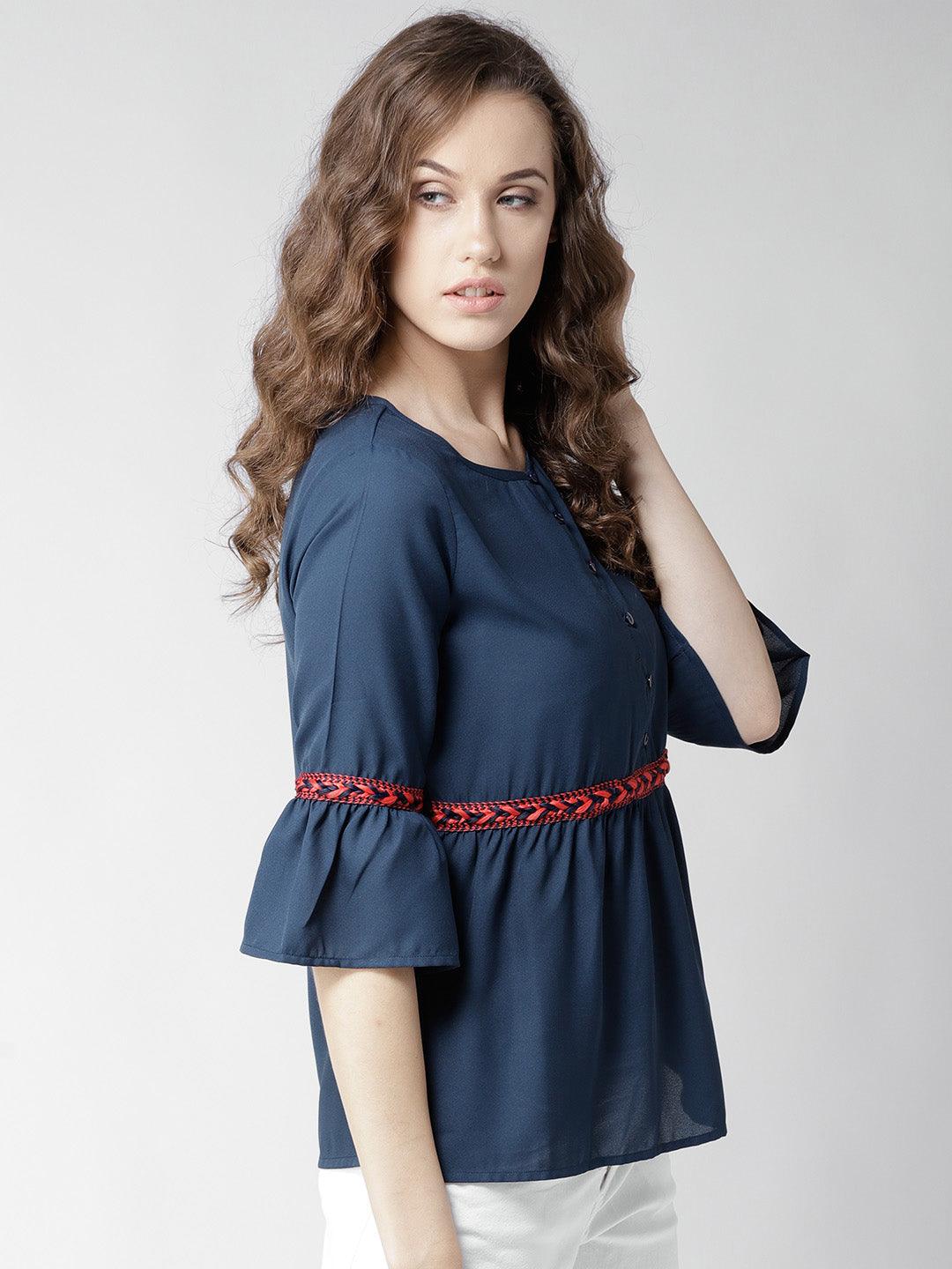 Women Navy Blue Solid A-Line Top-Tops-StyleQuotient