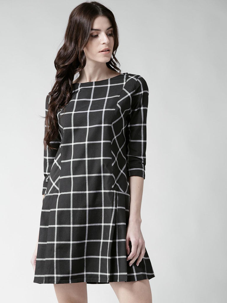 Women Black & White Checked A-Line Dress-Dresses-StyleQuotient