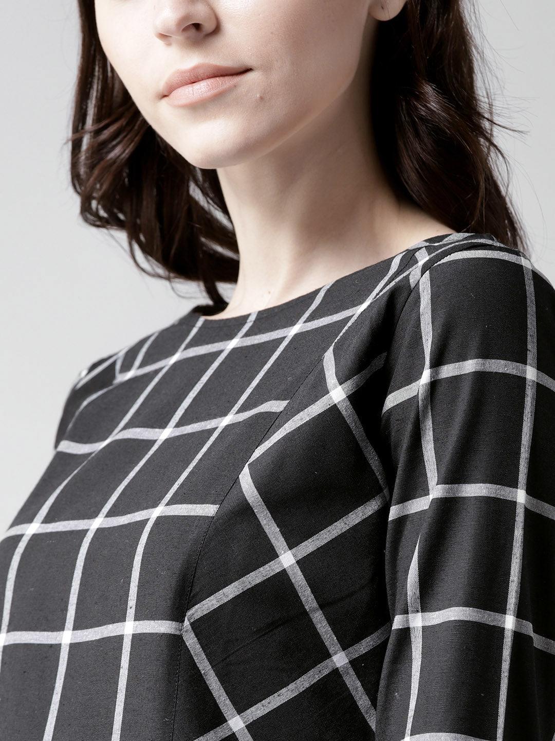 Women Black & White Checked A-Line Dress-Dresses-StyleQuotient