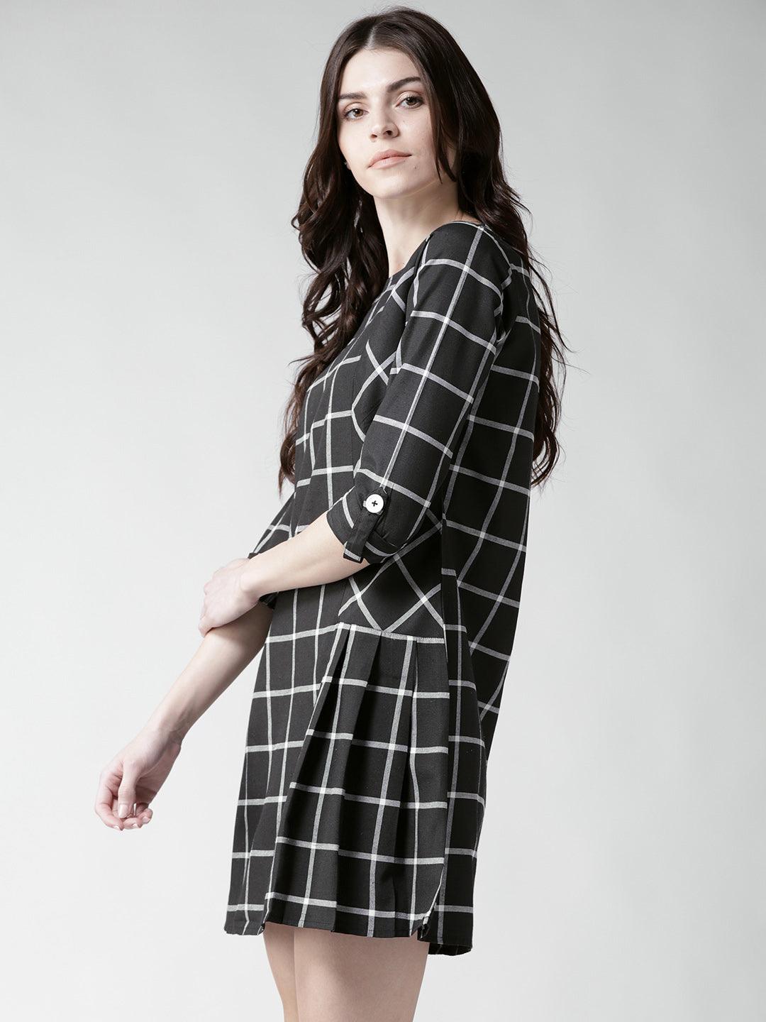 Women Black & White Checked A-Line Dress-Dresses-StyleQuotient