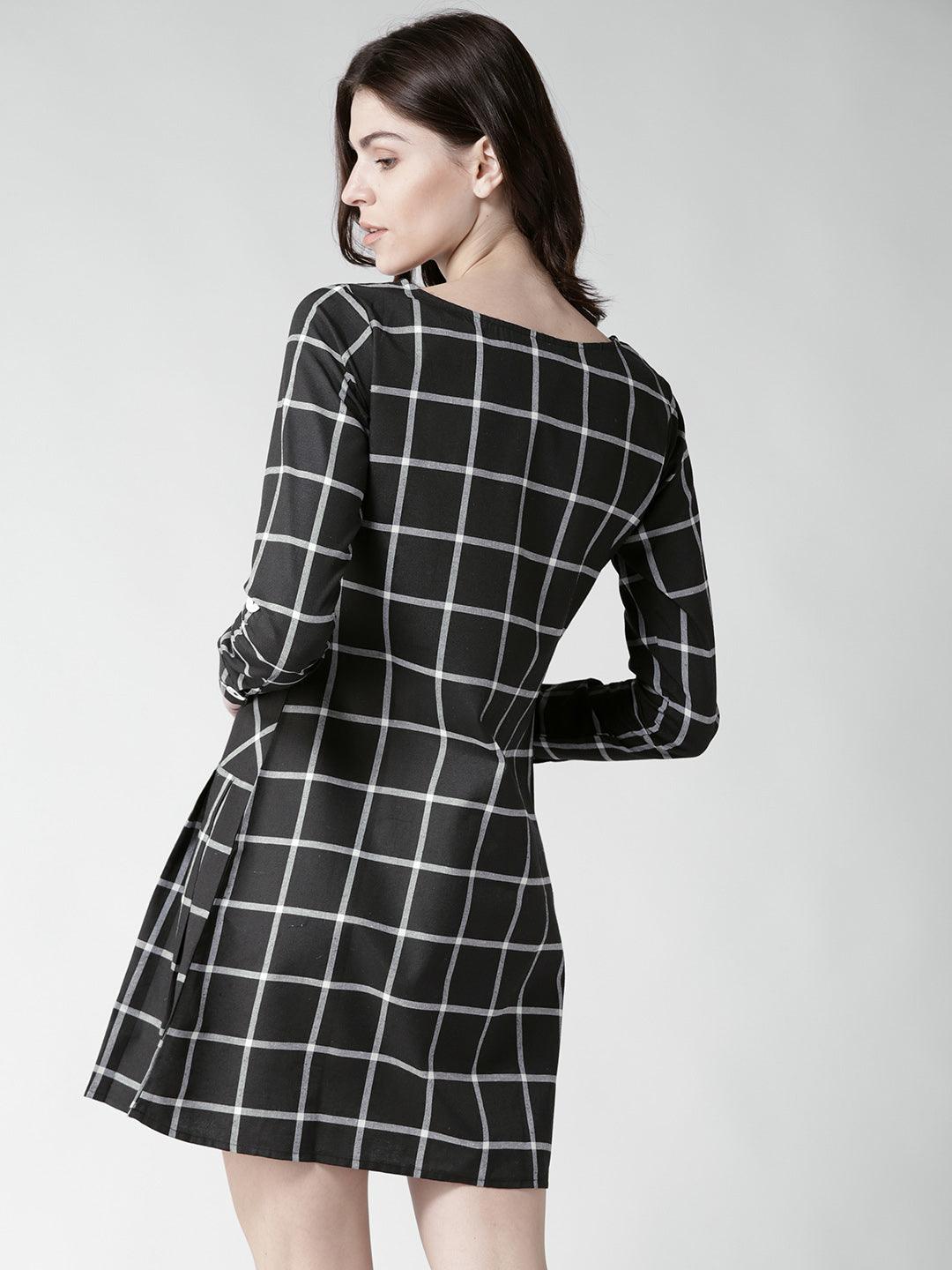 Women Black & White Checked A-Line Dress-Dresses-StyleQuotient