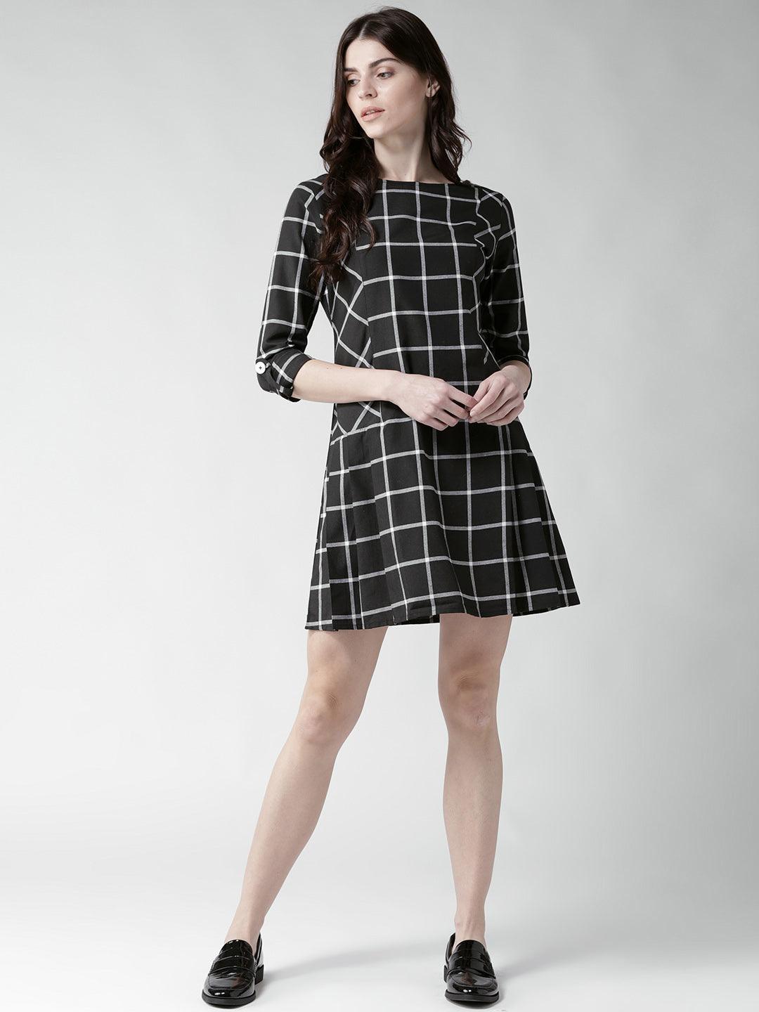 Women Black & White Checked A-Line Dress-Dresses-StyleQuotient