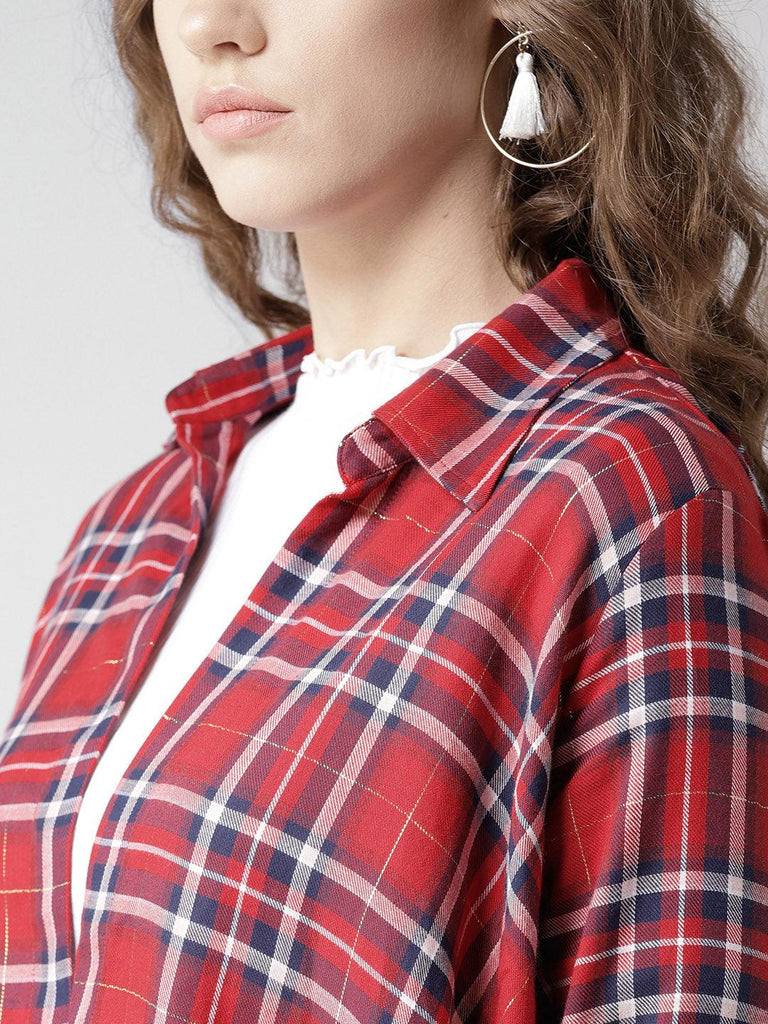 Women Red & Navy Blue Checked Open Front Shrug-Shrug-StyleQuotient