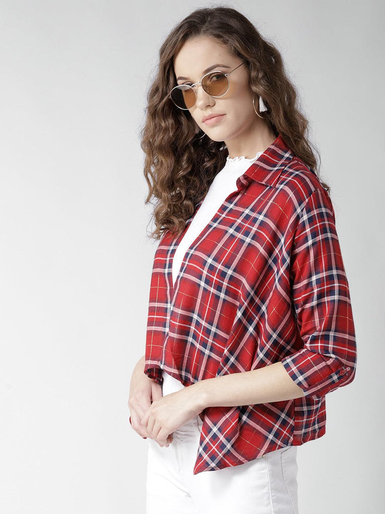 Women Red & Navy Blue Checked Open Front Shrug-Shrug-StyleQuotient