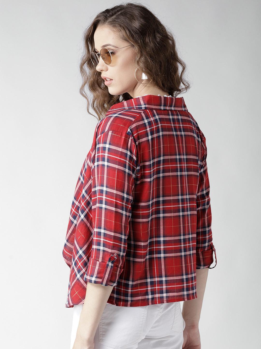 Women Red & Navy Blue Checked Open Front Shrug-Shrug-StyleQuotient