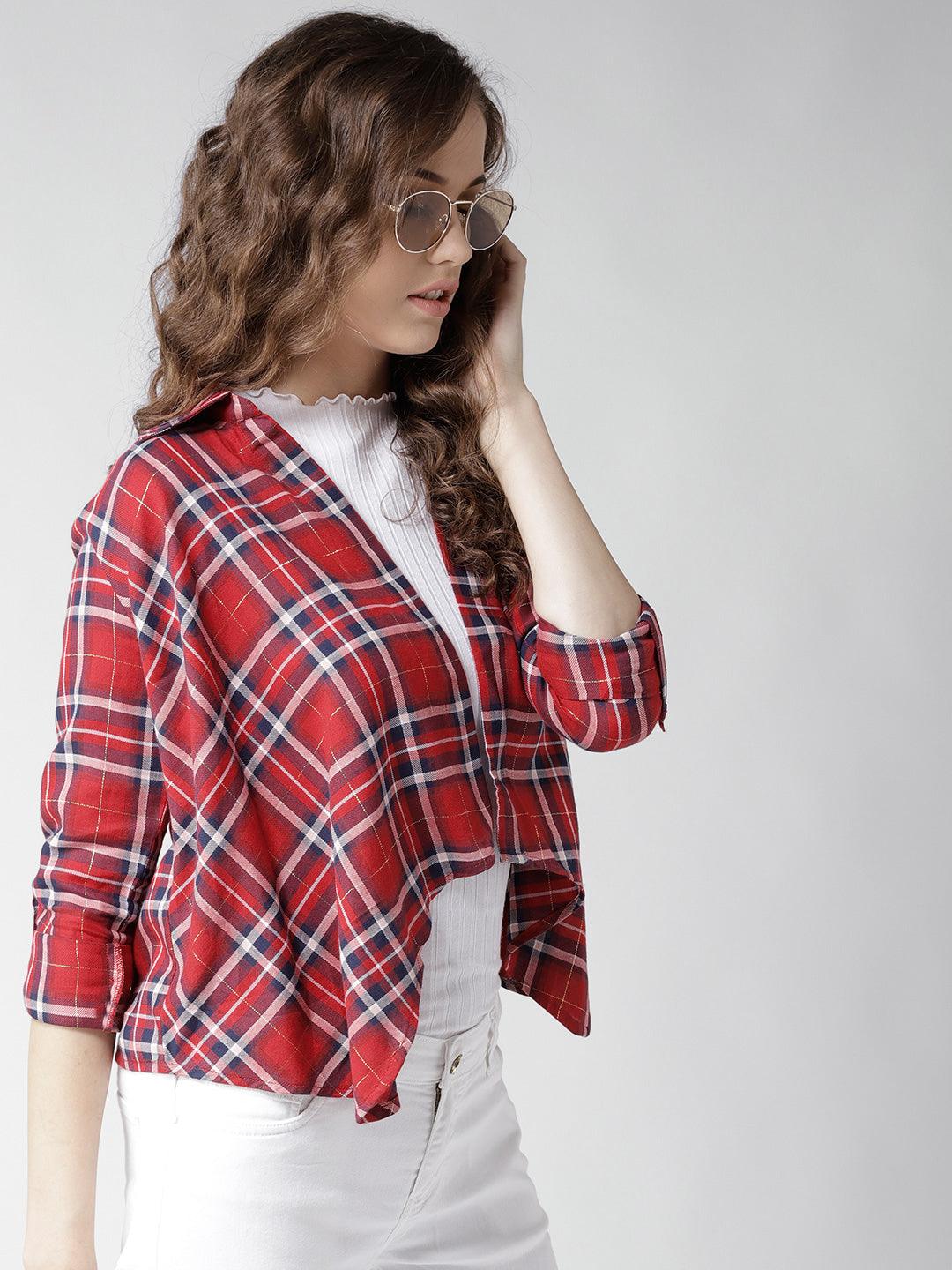 Women Red & Navy Blue Checked Open Front Shrug-Shrug-StyleQuotient