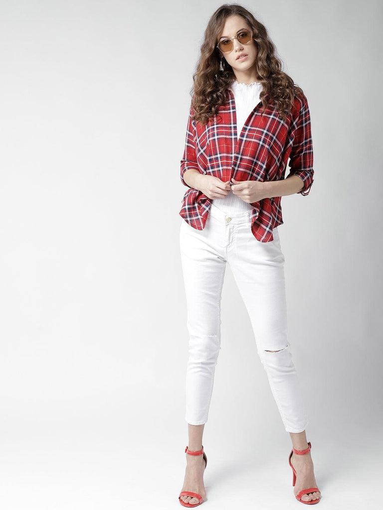 Women Red & Navy Blue Checked Open Front Shrug-Shrug-StyleQuotient