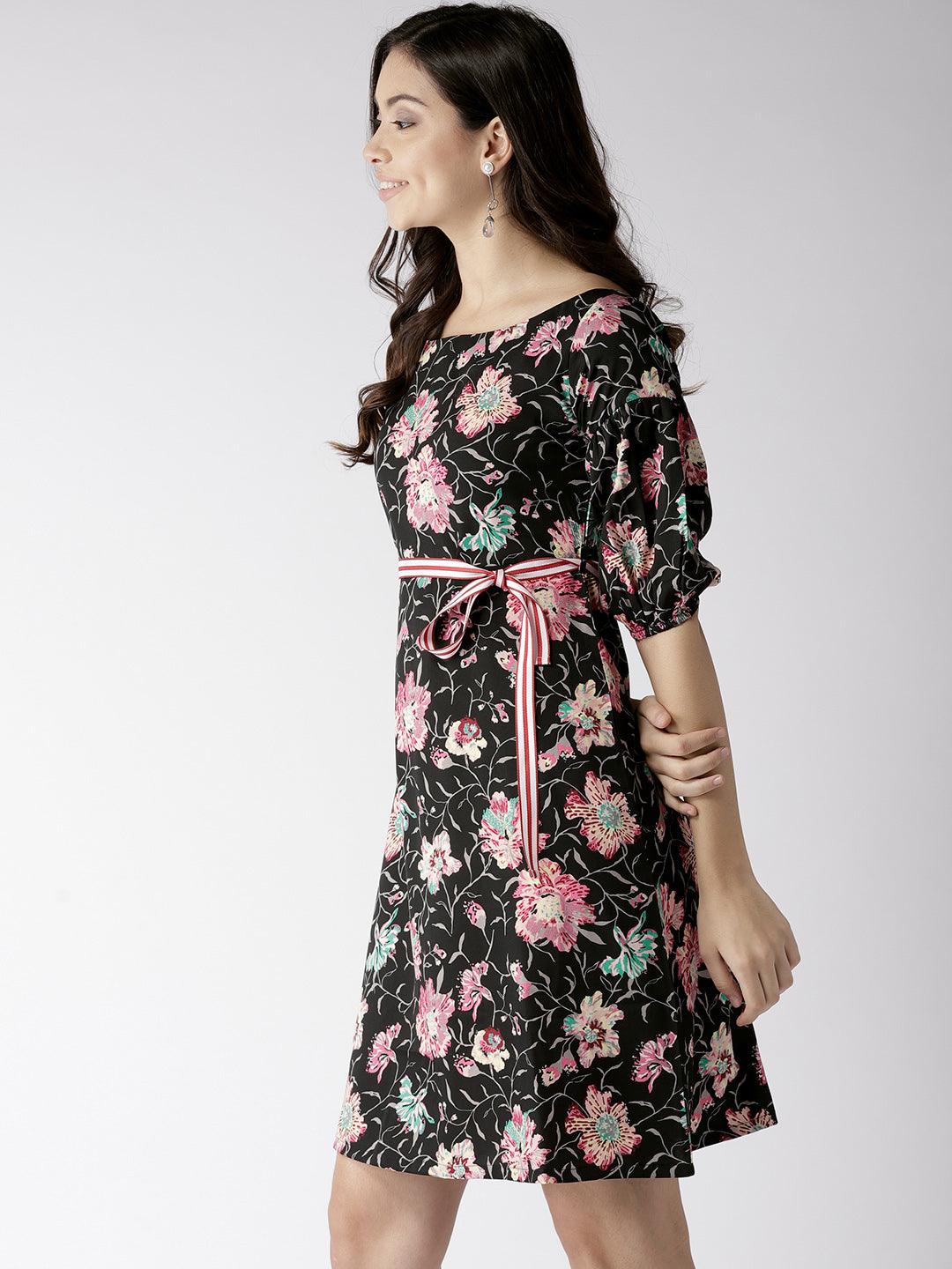 Women Black Printed A-Line Dress-Dresses-StyleQuotient