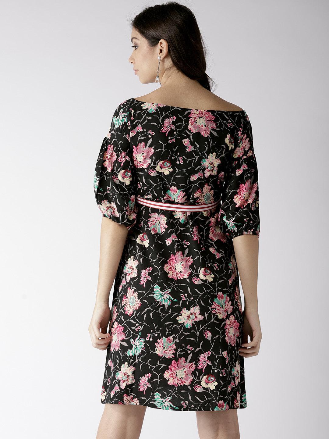 Women Black Printed A-Line Dress-Dresses-StyleQuotient