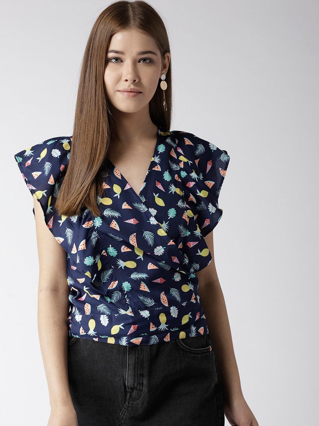 Women Navy Blue Printed Wrap Top-Tops-StyleQuotient