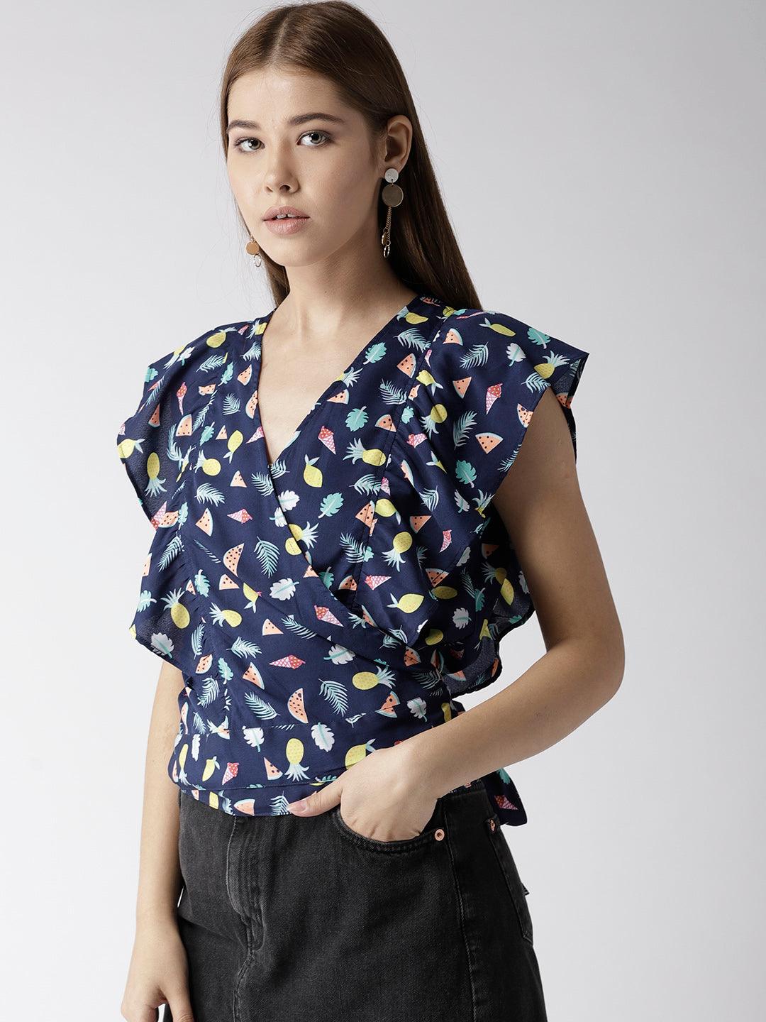 Women Navy Blue Printed Wrap Top-Tops-StyleQuotient