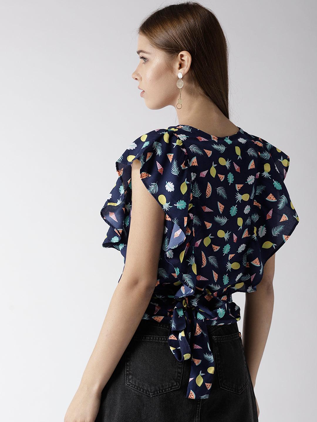 Women Navy Blue Printed Wrap Top-Tops-StyleQuotient