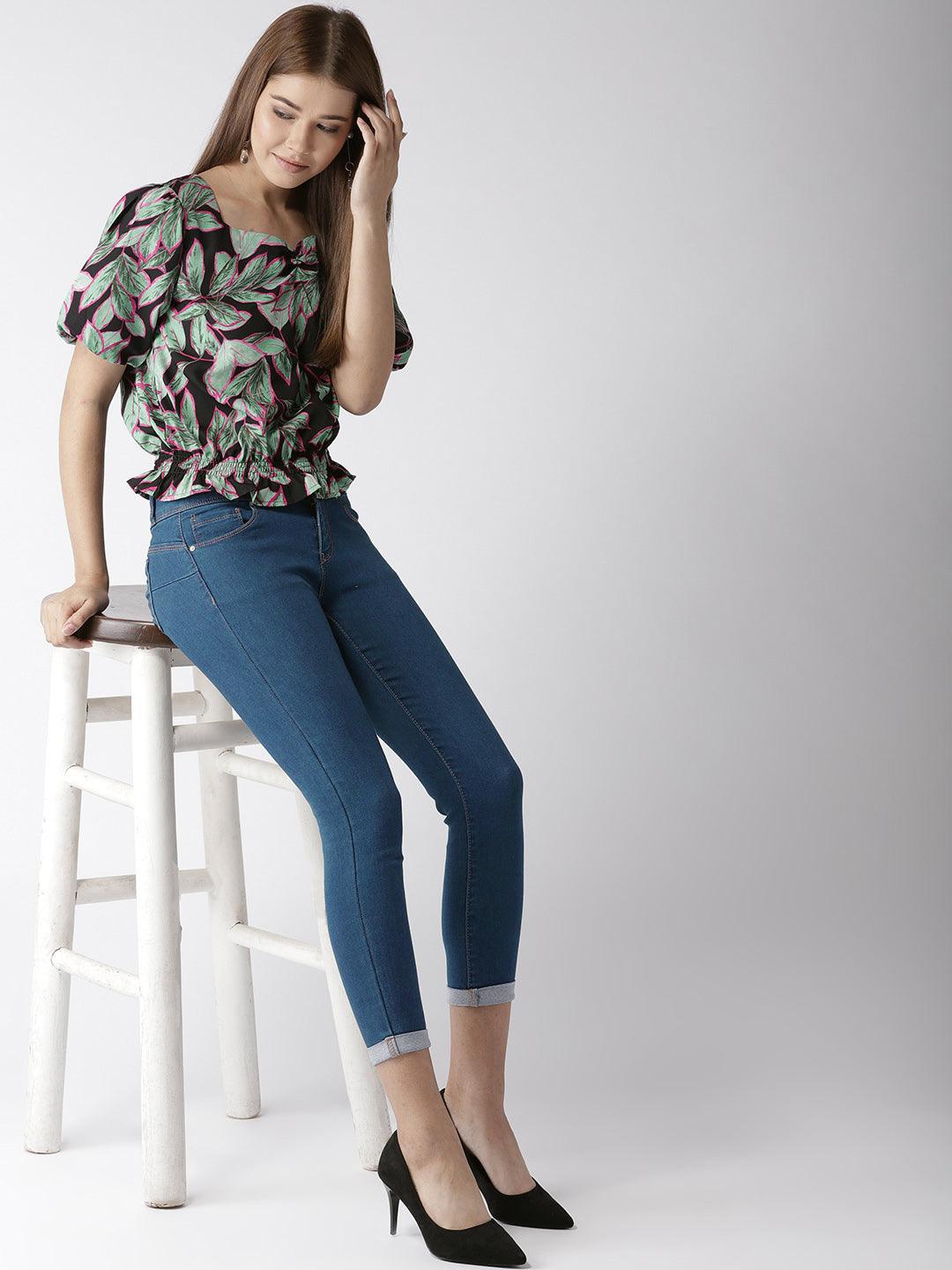 Women Black & Green Printed Crop Blouson Top-Tops-StyleQuotient