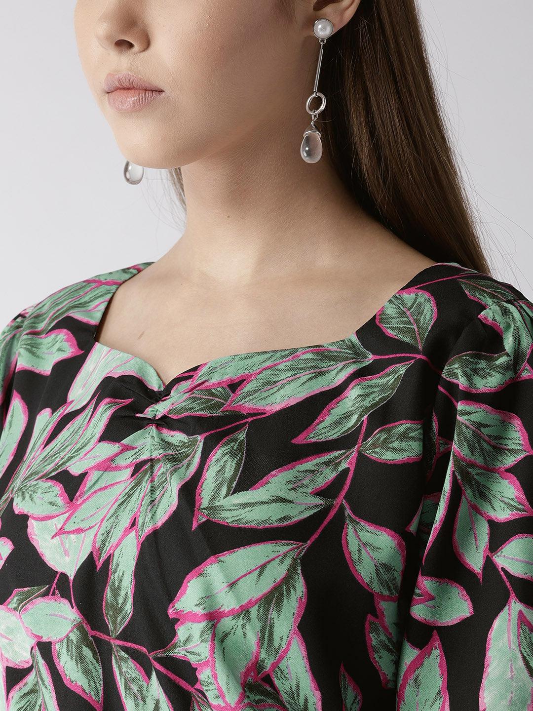 Women Black & Green Printed Crop Blouson Top-Tops-StyleQuotient