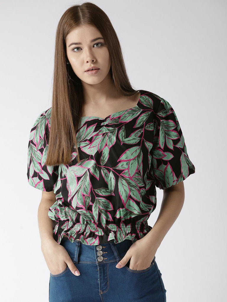 Women Black & Green Printed Crop Blouson Top-Tops-StyleQuotient