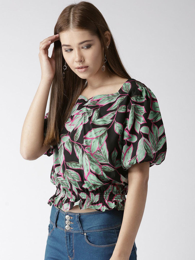 Women Black & Green Printed Crop Blouson Top-Tops-StyleQuotient