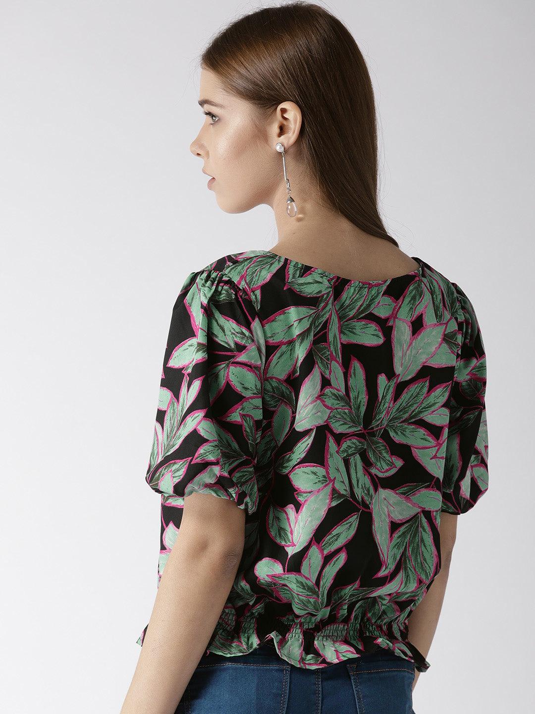 Women Black & Green Printed Crop Blouson Top-Tops-StyleQuotient