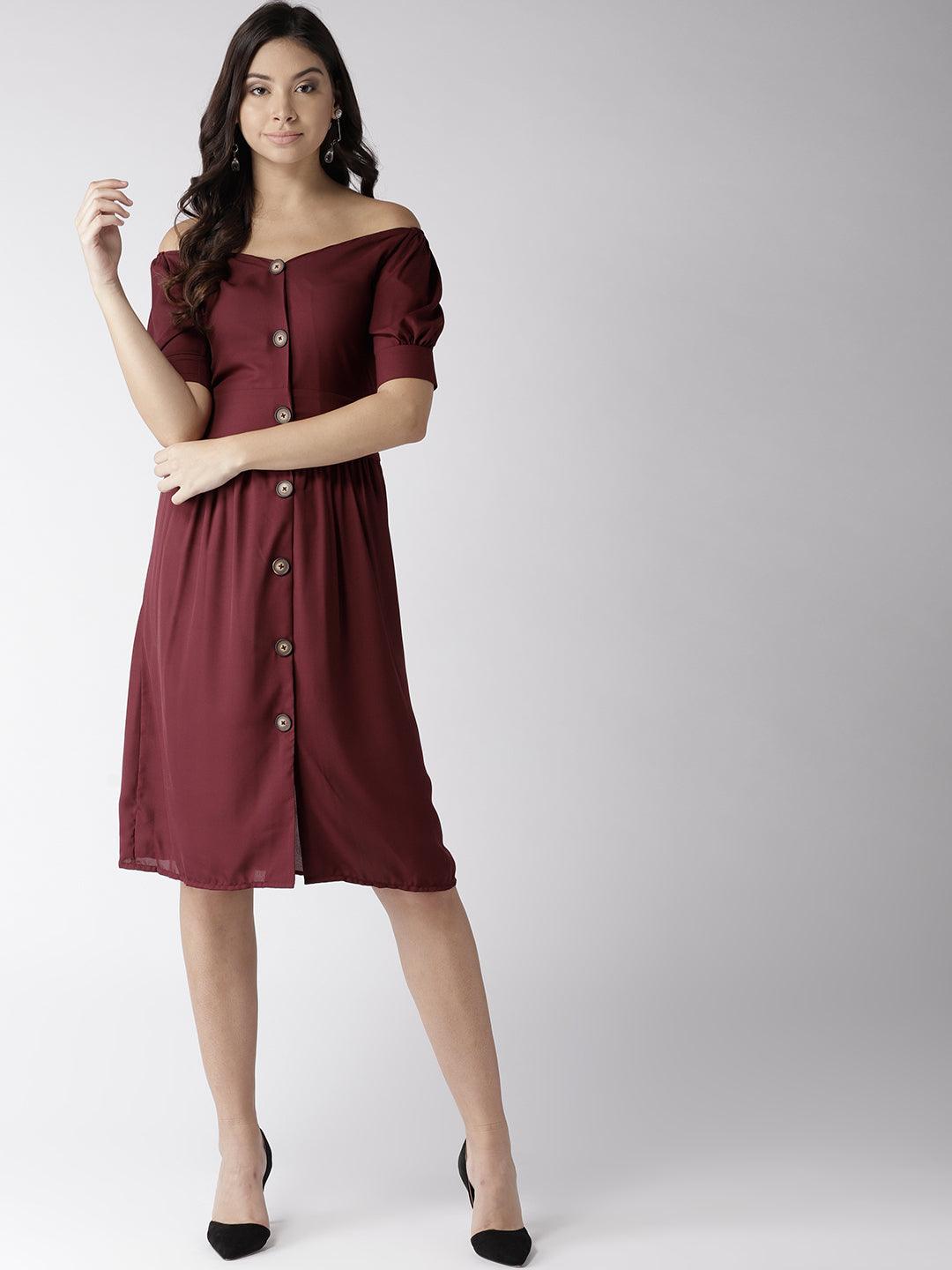 Women Burgundy Solid Fit And Flare Dress-Dresses-StyleQuotient