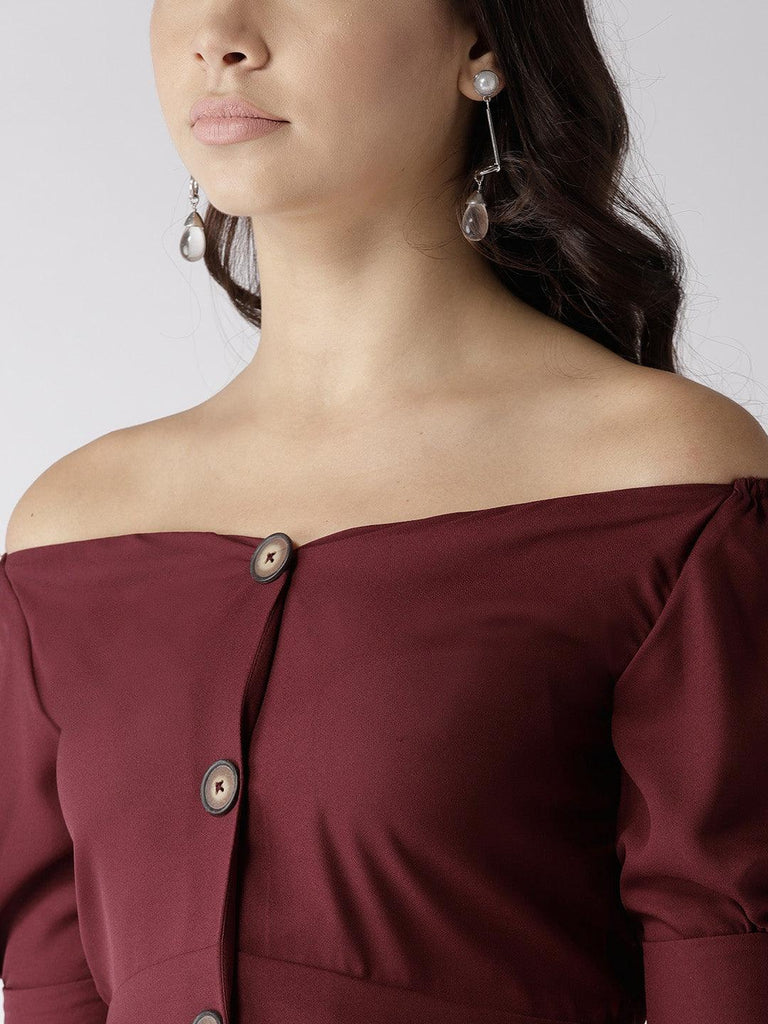 Women Burgundy Solid Fit And Flare Dress-Dresses-StyleQuotient