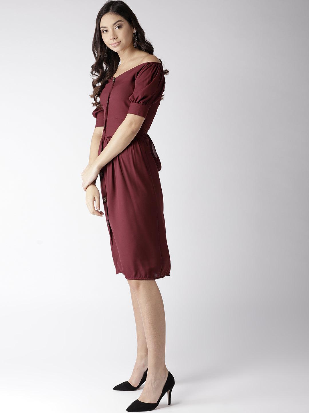 Women Burgundy Solid Fit And Flare Dress-Dresses-StyleQuotient