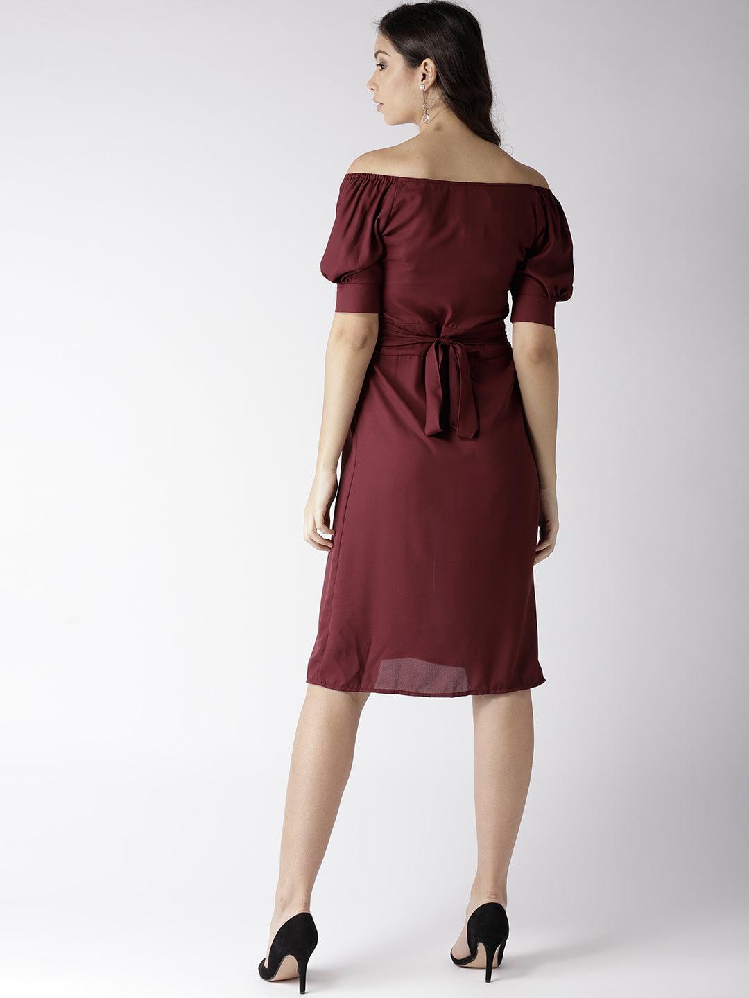 Women Burgundy Solid Fit And Flare Dress-Dresses-StyleQuotient