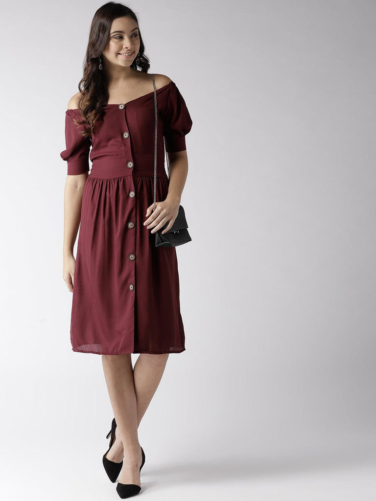 Women Burgundy Solid Fit And Flare Dress-Dresses-StyleQuotient