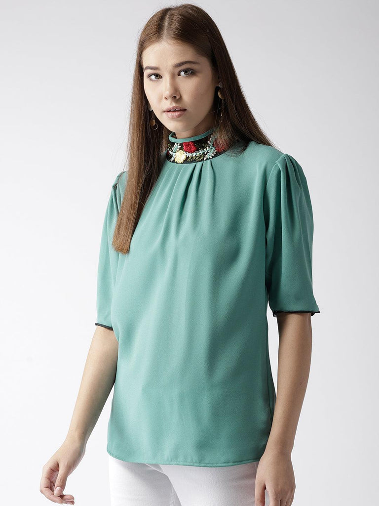 Style Quotient women Solid Aqua Green Polymoss embroidered smart casual top-Tops-StyleQuotient