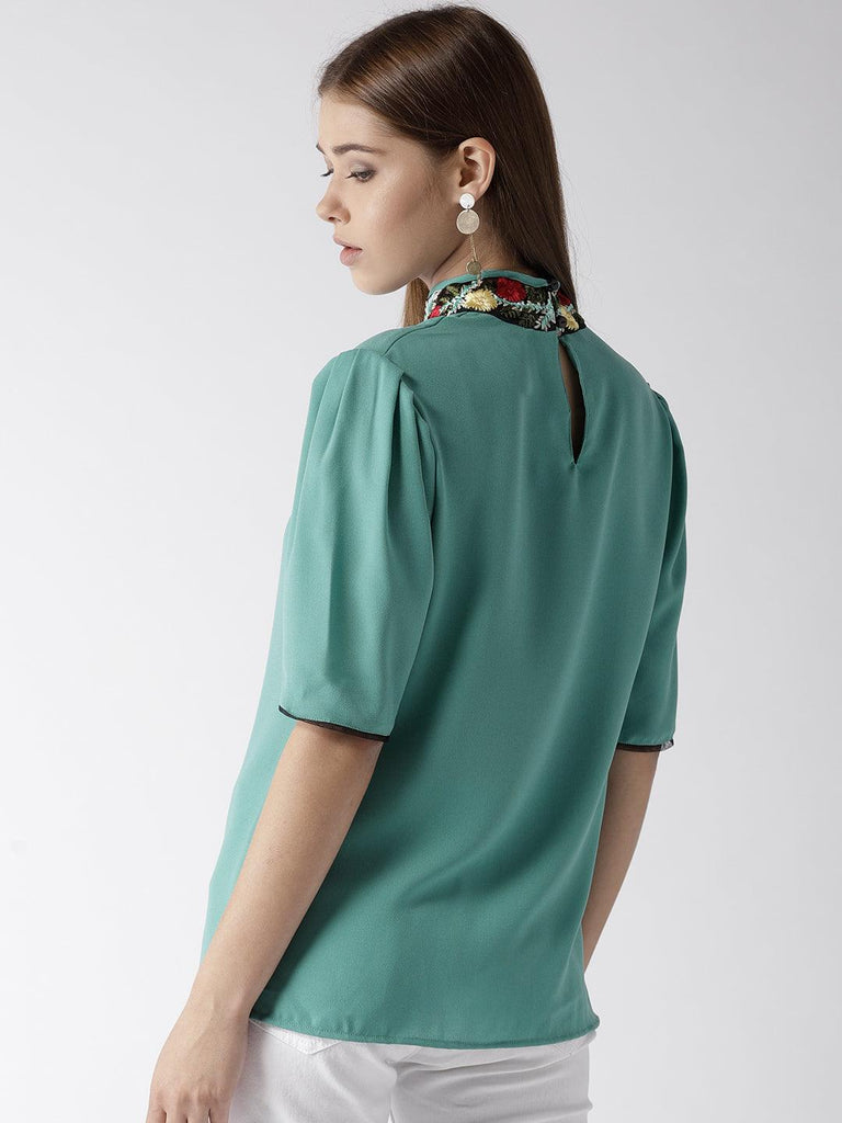 Style Quotient women Solid Aqua Green Polymoss embroidered smart casual top-Tops-StyleQuotient