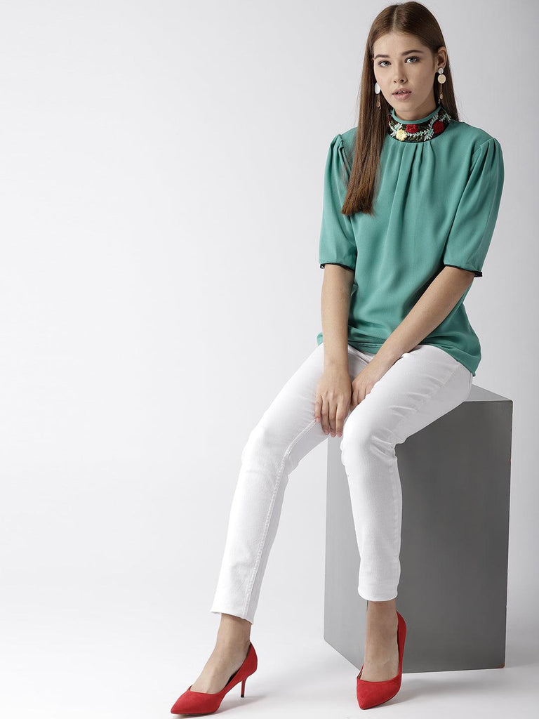 Style Quotient women Solid Aqua Green Polymoss embroidered smart casual top-Tops-StyleQuotient