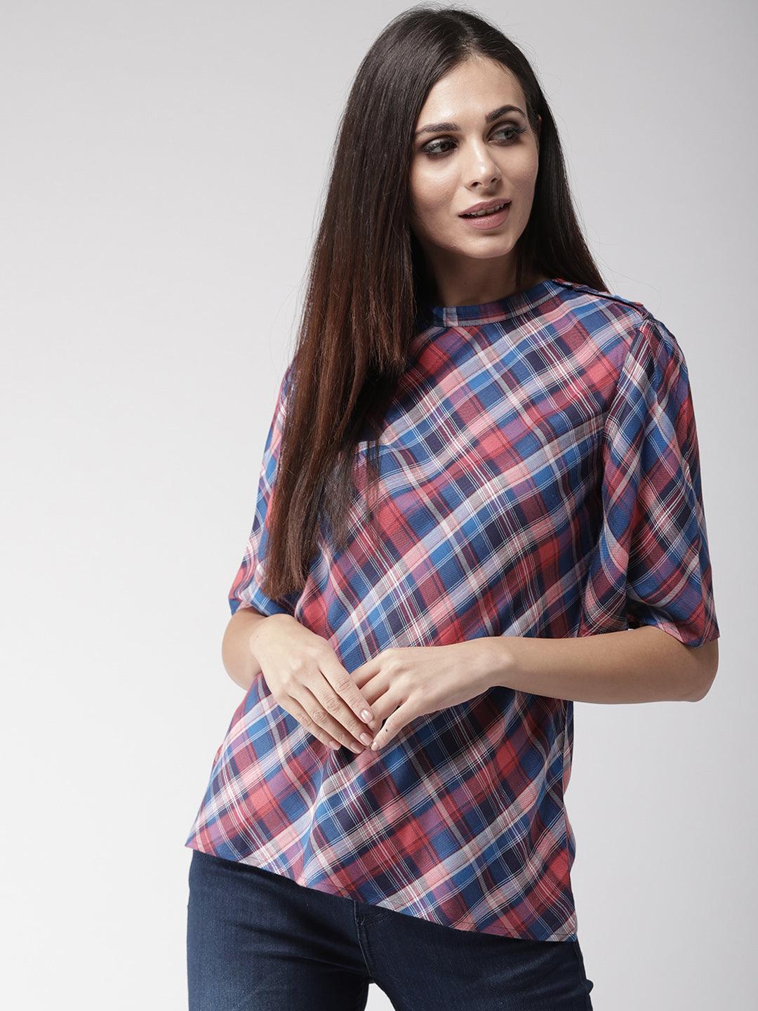 Women Red & Blue Checked Top-Tops-StyleQuotient