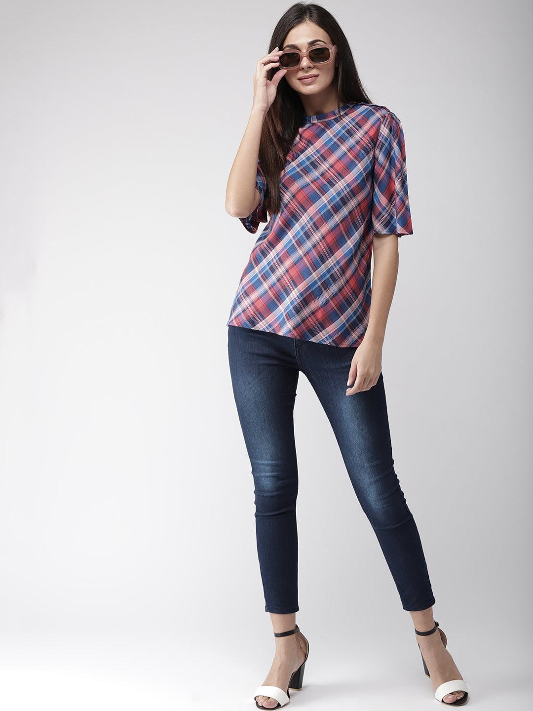 Women Red & Blue Checked Top-Tops-StyleQuotient