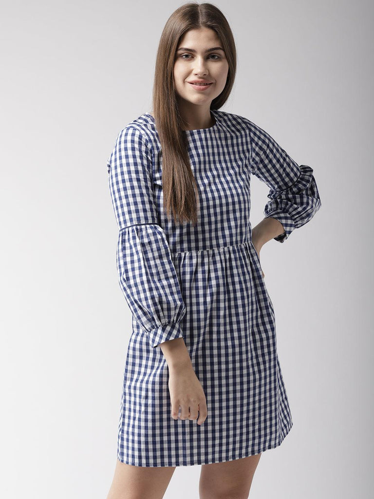 Women Navy Blue & White Checked A-Line Dress-Dresses-StyleQuotient