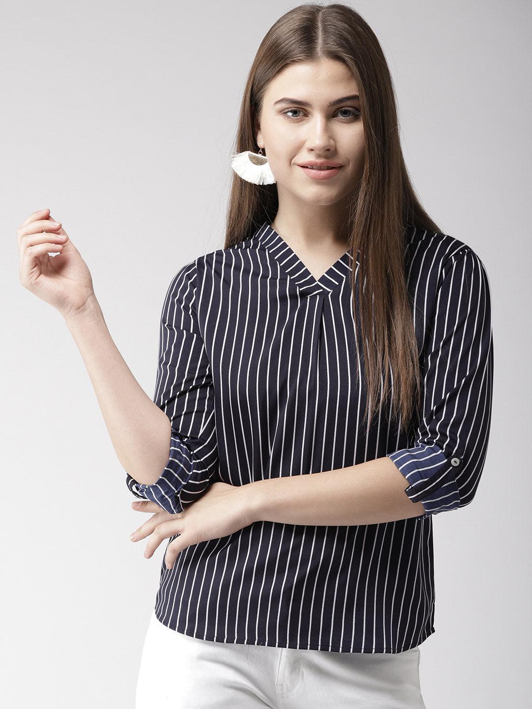 Women V-neck Striped Top-Tops-StyleQuotient