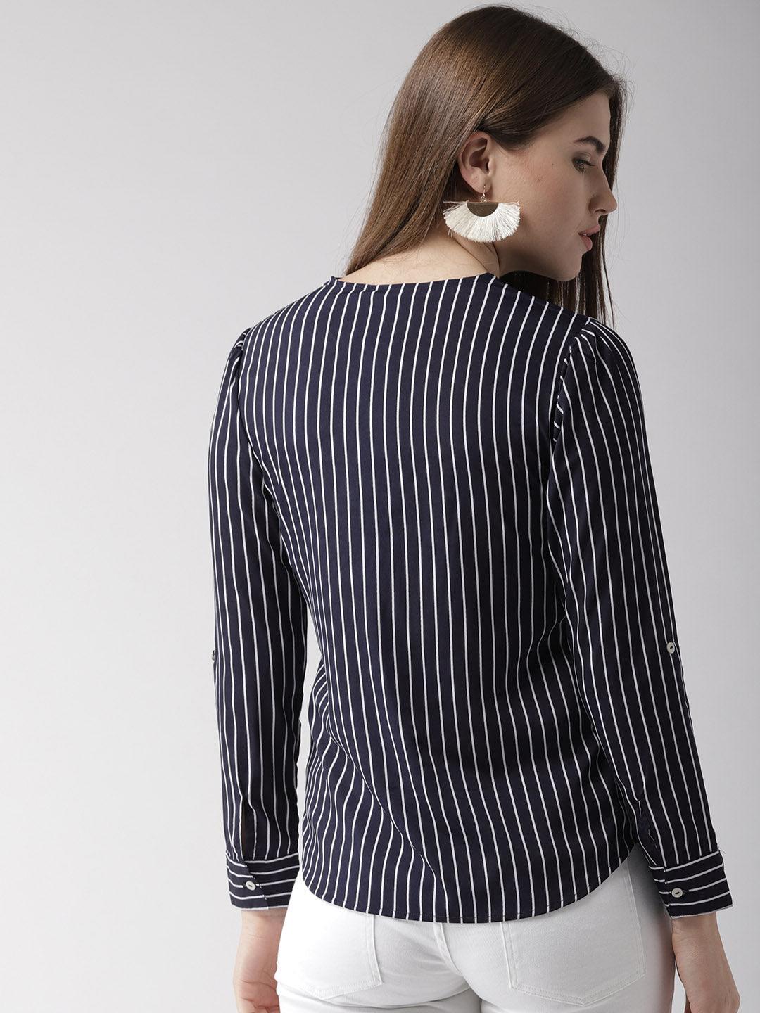 Women V-neck Striped Top-Tops-StyleQuotient