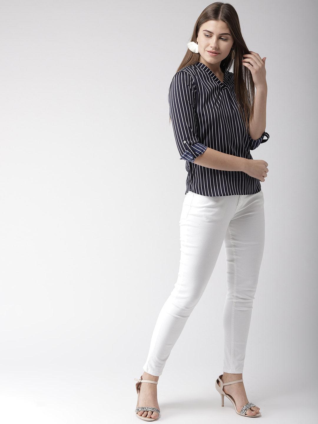 Women V-neck Striped Top-Tops-StyleQuotient