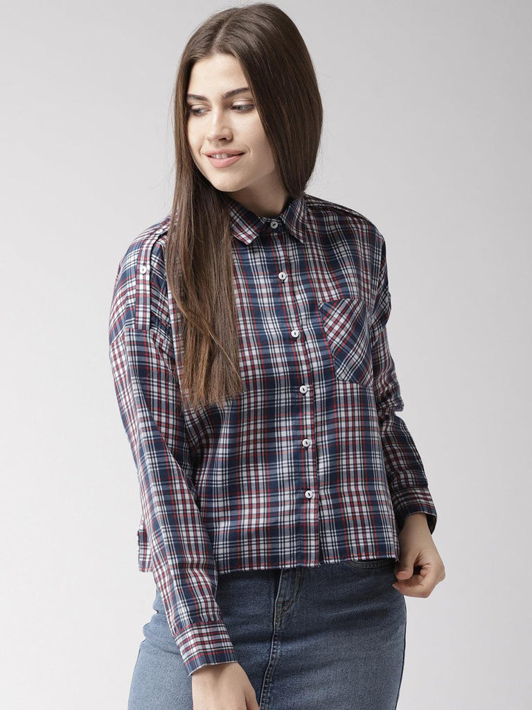 Women Navy & White Checked Casual Shirt-Shirts-StyleQuotient