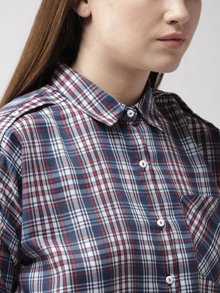 Women Navy & White Checked Casual Shirt-Shirts-StyleQuotient