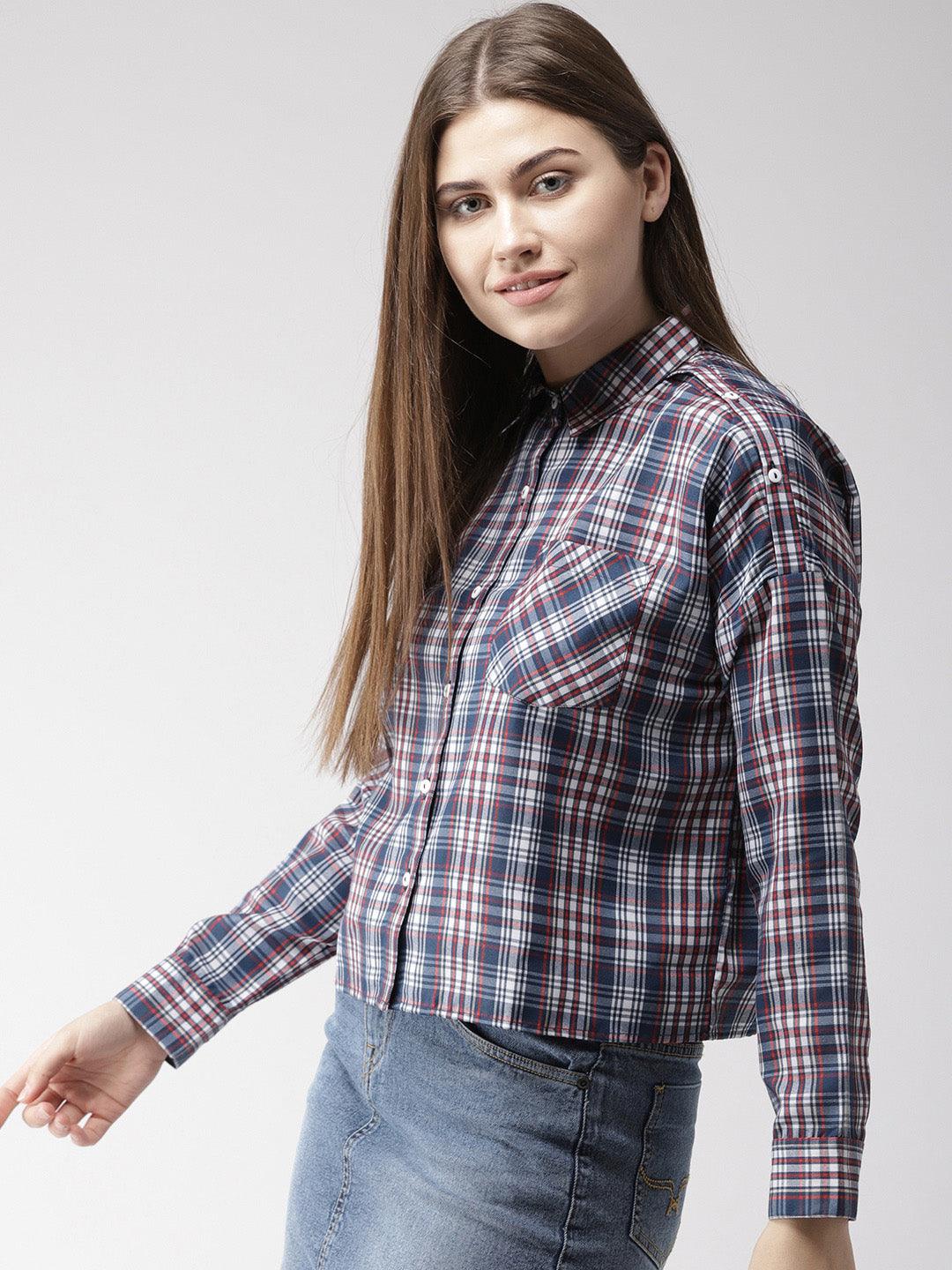 Women Navy & White Checked Casual Shirt-Shirts-StyleQuotient