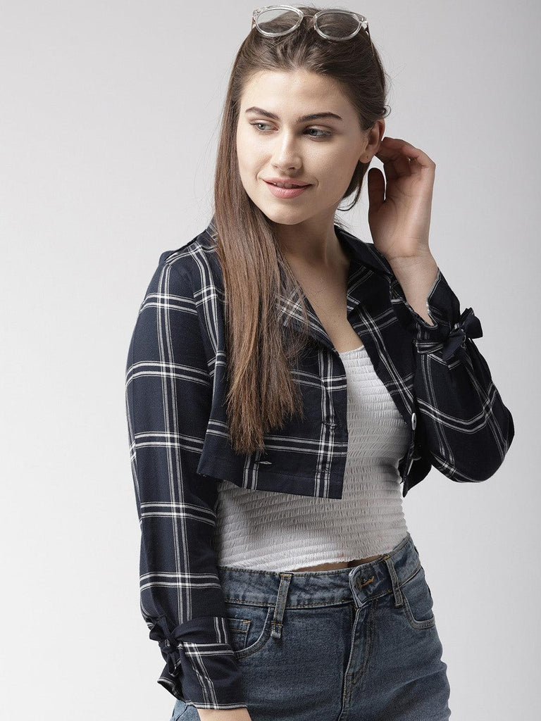 Women Navy Blue & White Checked Lapel Crop Shrug-Shrug-StyleQuotient