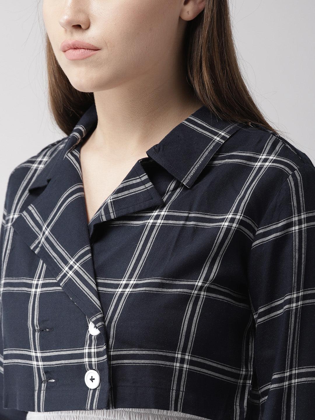 Women Navy Blue & White Checked Lapel Crop Shrug-Shrug-StyleQuotient