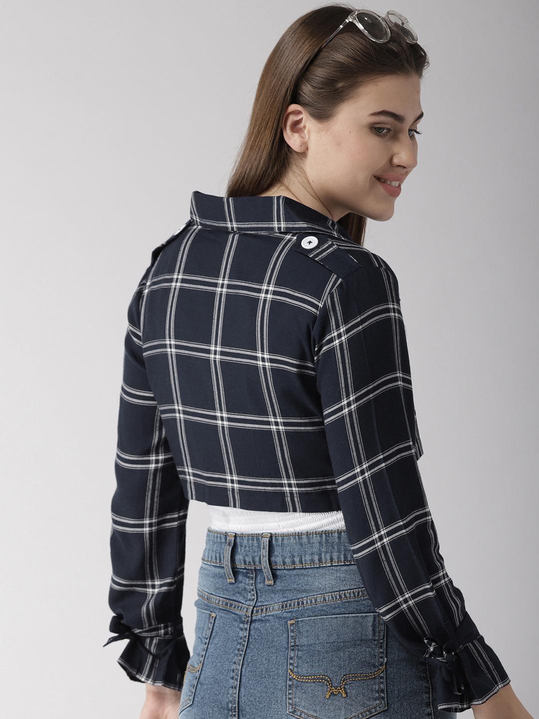 Women Navy Blue & White Checked Lapel Crop Shrug-Shrug-StyleQuotient