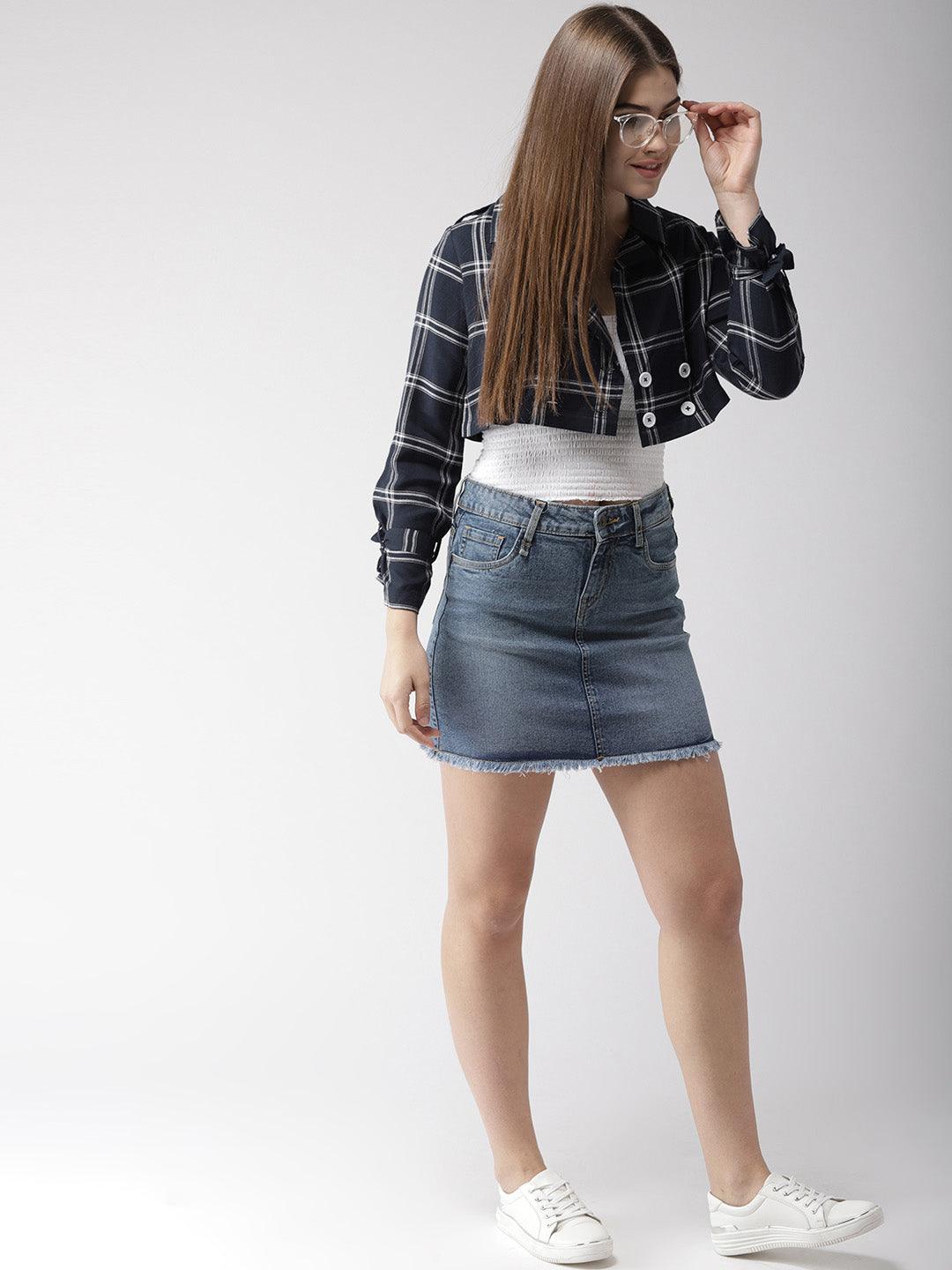 Women Navy Blue & White Checked Lapel Crop Shrug-Shrug-StyleQuotient